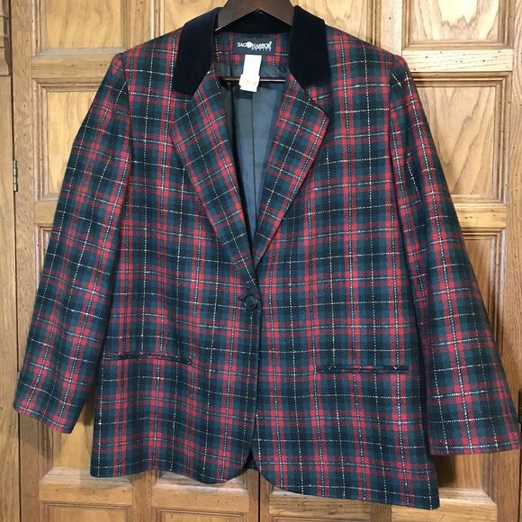 Vintage Sag Harbor Blazer Women's 14 Red Tartan Plaid Gold Thread 90s Wool Blend - Picture 2 of 12